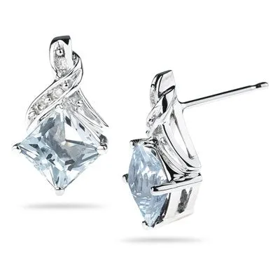 0.03 Cts Diamond & 1.82 Cts Aquamarine Earrings in 14K White Gold