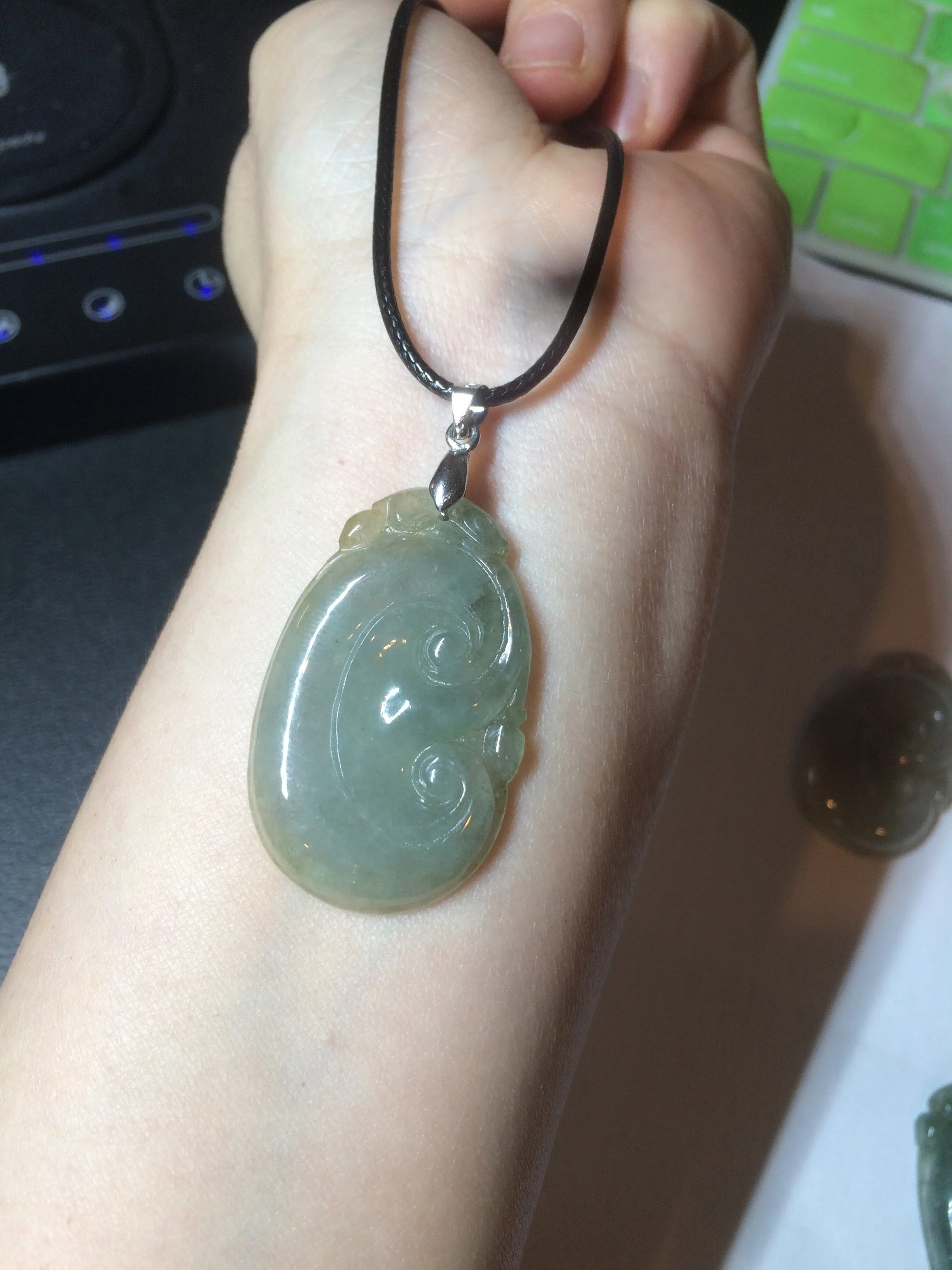 100% Natural type A dark green/light green/gray jadeite Jade RuYi(如意) pendant BF75