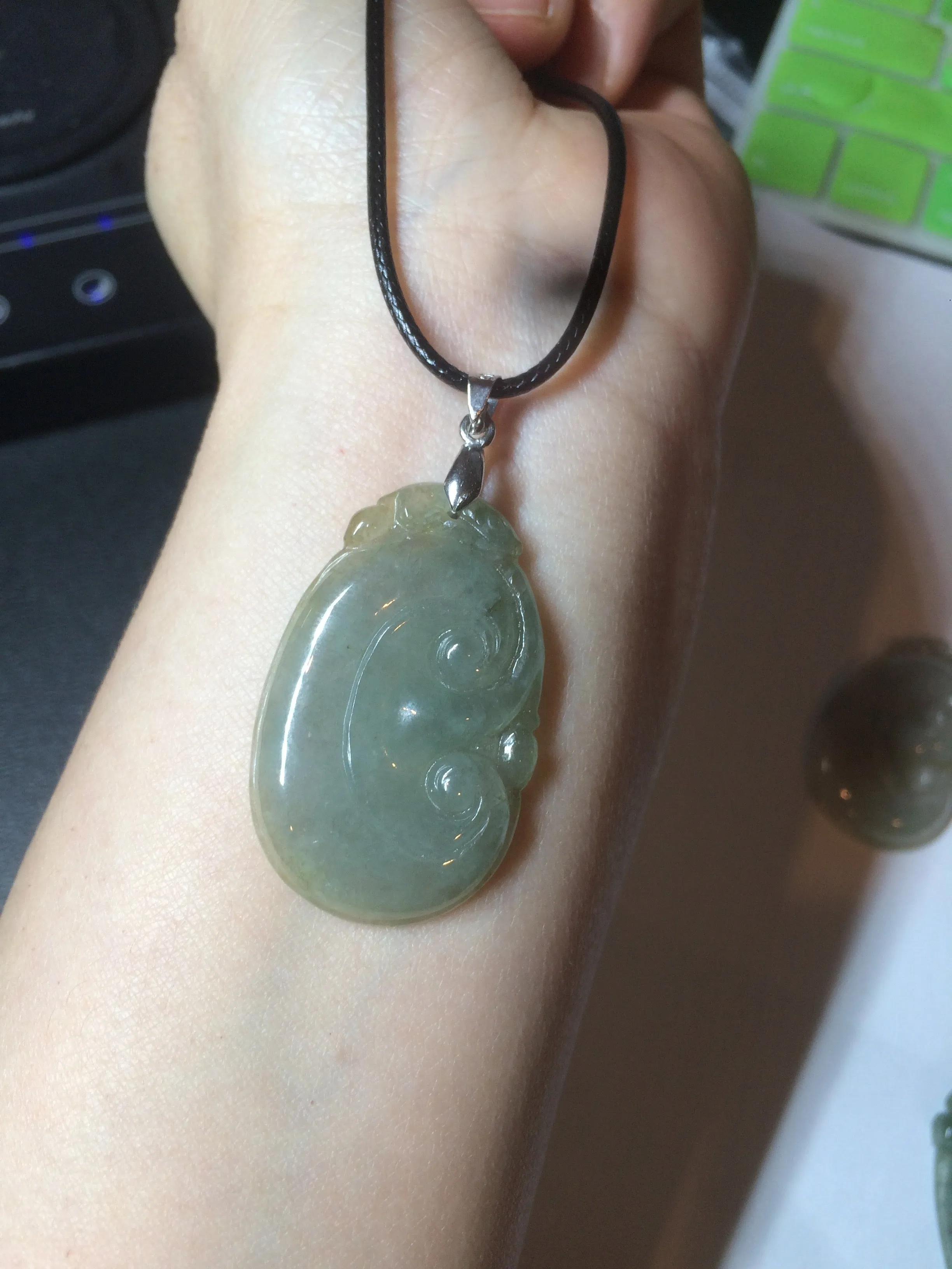 100% Natural type A dark green/light green/gray jadeite Jade RuYi(如意) pendant BF75