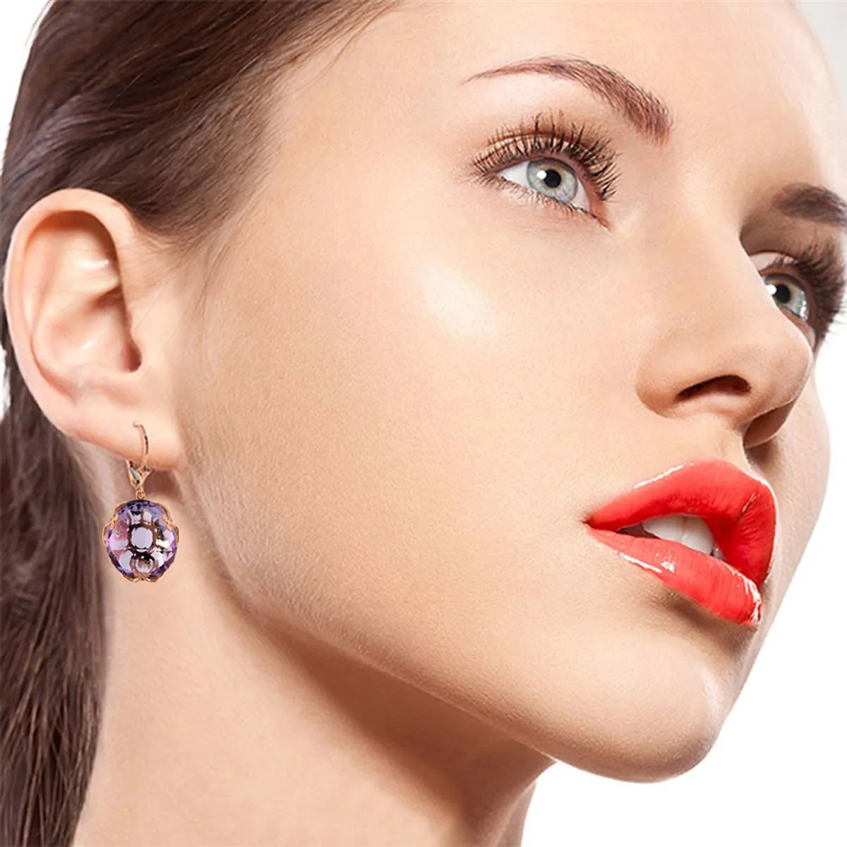 14K Solid Rose Gold Leverback Earrings Round Amethyst