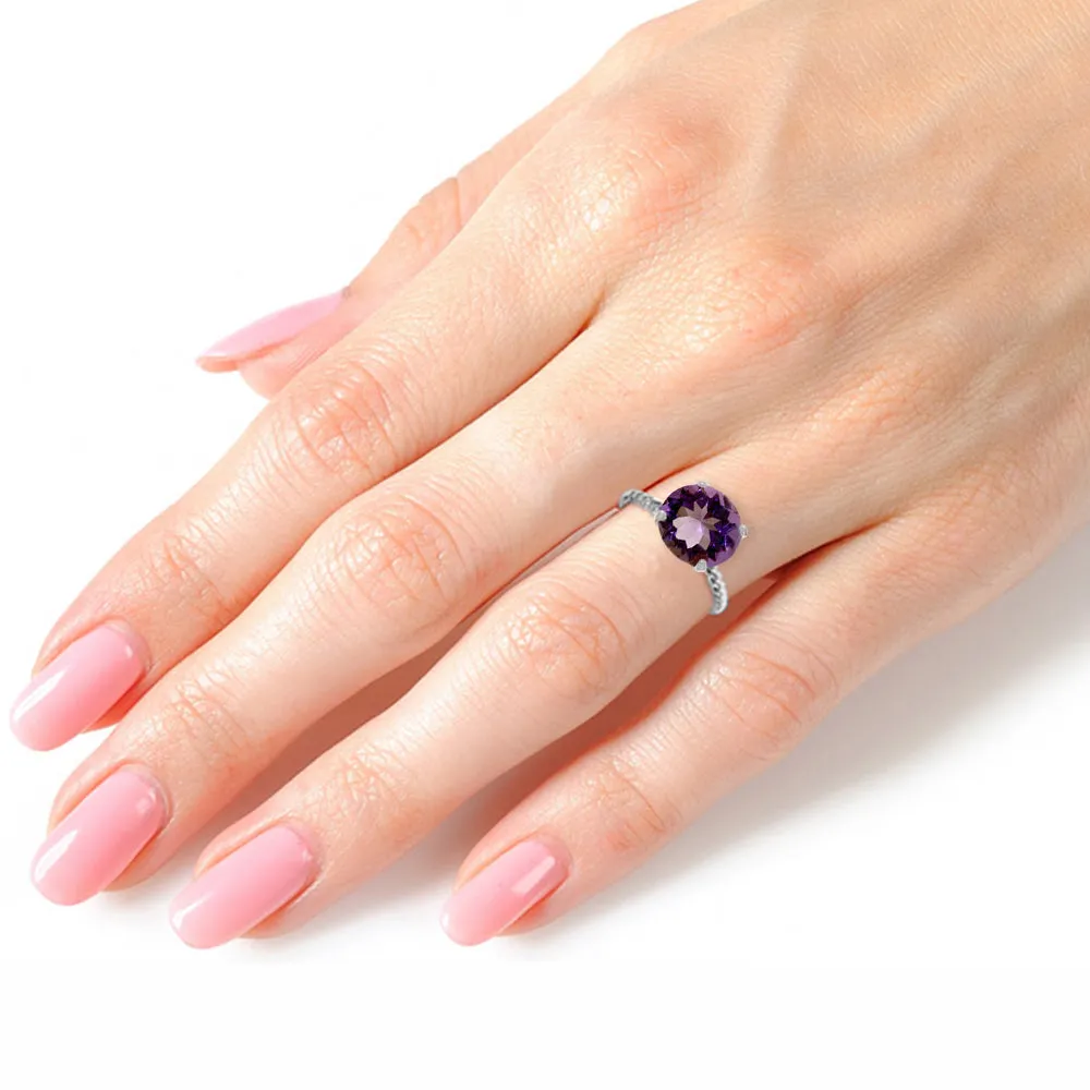 14K Solid White Gold Ring Natural 12 mm Round Amethyst Jewelry