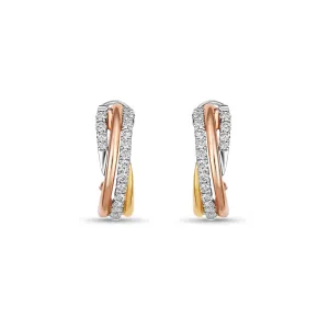 14K Tri Gold Diamond Crossover Hoop Earrings