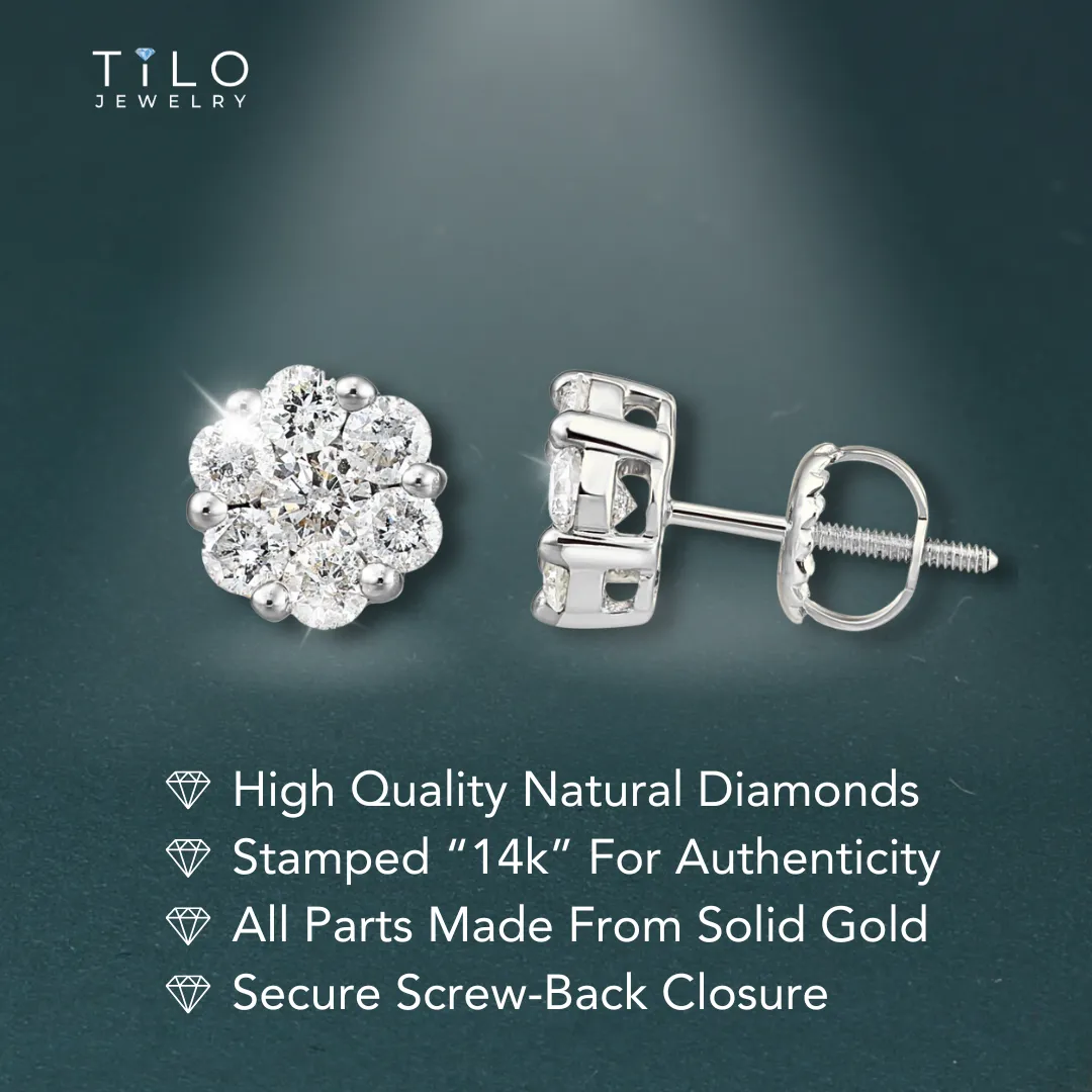 14K White Gold Diamond Cluster Stud Earring with Screw-Back, 0.50 carats
