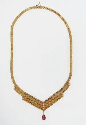 14K YELLOW GOLD GARNET AND DIAMOND NECKLACE