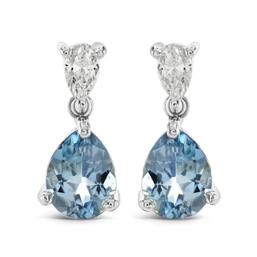 18ct White Gold Pear Cut Aquamarine & Diamond Drop Earrings