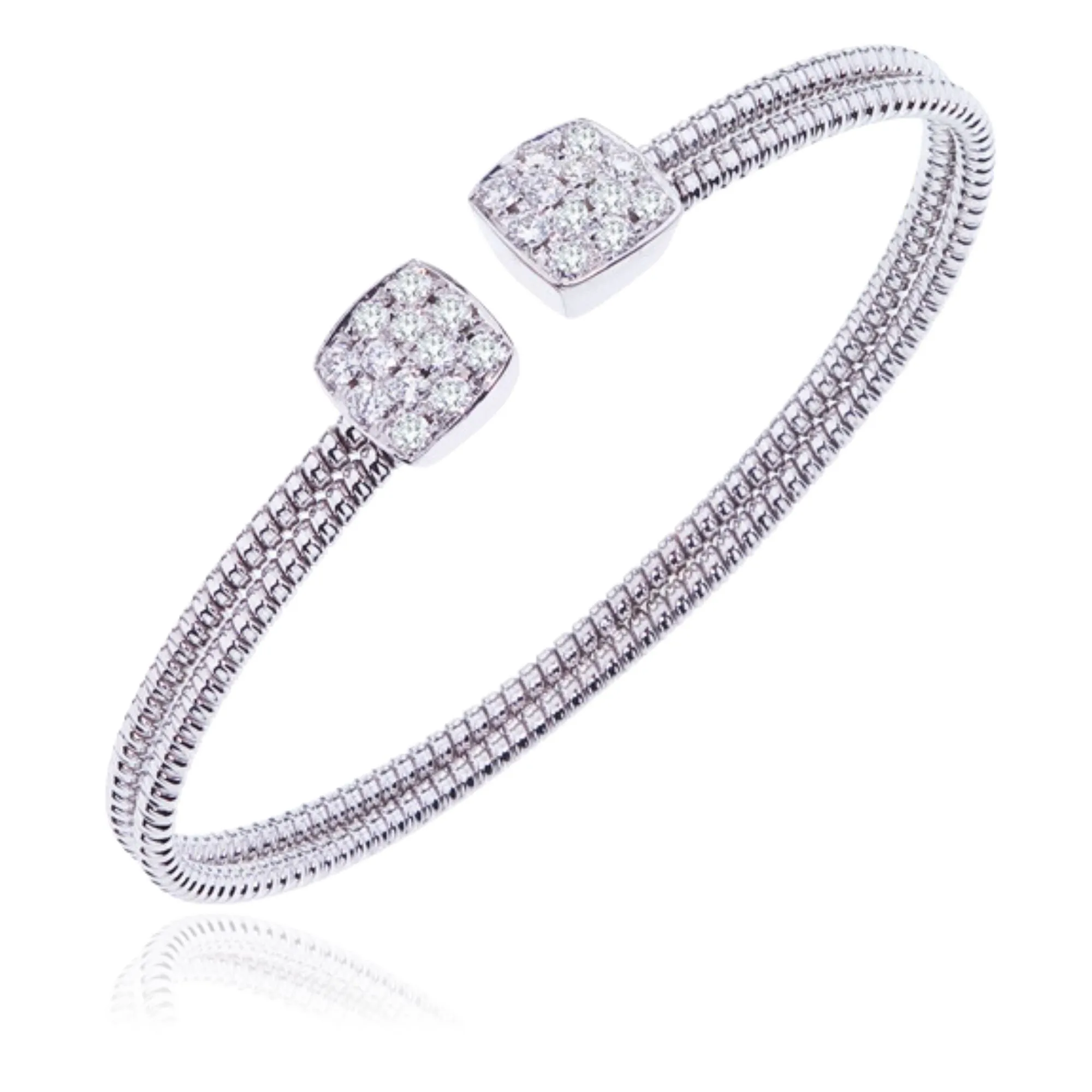 18K WHITE GOLD DOUBLE TWISTED WIRE CUFF BRACELET WITH PAVE DIAMOND SQUARE END CAPS 0.90CTW