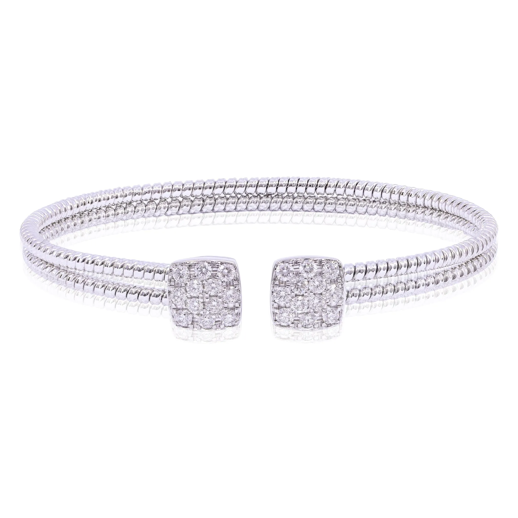 18K WHITE GOLD DOUBLE TWISTED WIRE CUFF BRACELET WITH PAVE DIAMOND SQUARE END CAPS 0.90CTW
