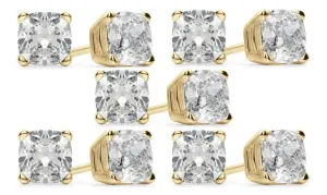 18k Yellow Gold 6mm 2Ct Cushion Cut White Sapphire Set Of Five Stud Earrings Plated