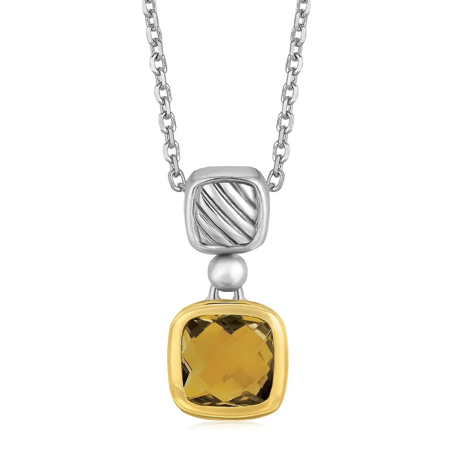 18K Yellow Gold and Sterling Silver Necklace with Cushion Cut Citrine Pendant