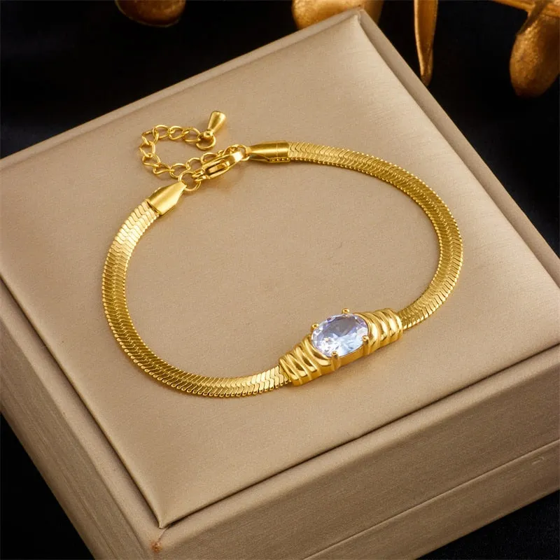 316L Stainless Steel Oval Green White Zircon Charm Bracelet For Women