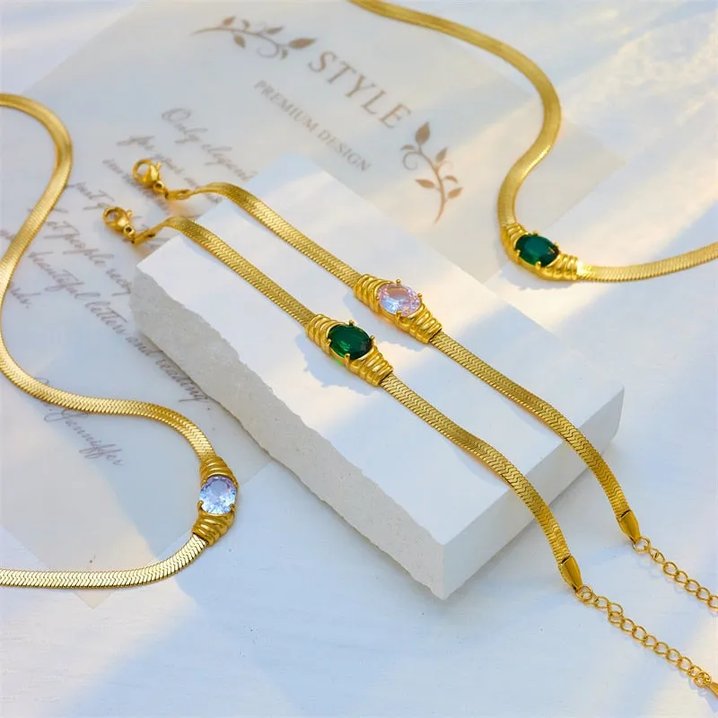 316L Stainless Steel Oval Green White Zircon Charm Bracelet For Women
