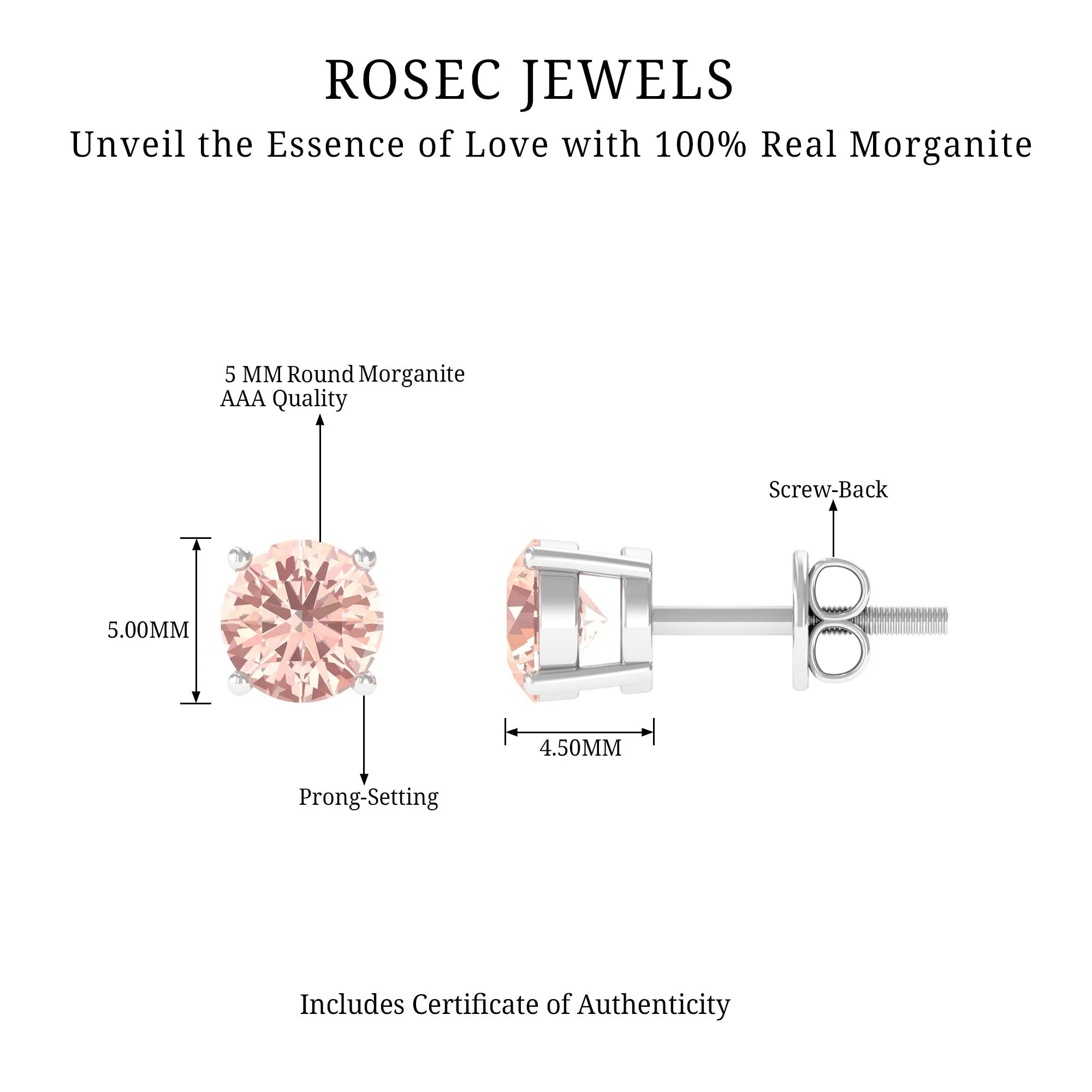 5 MM Morganite Solitaire Stud Earrings in 4 Prong Setting