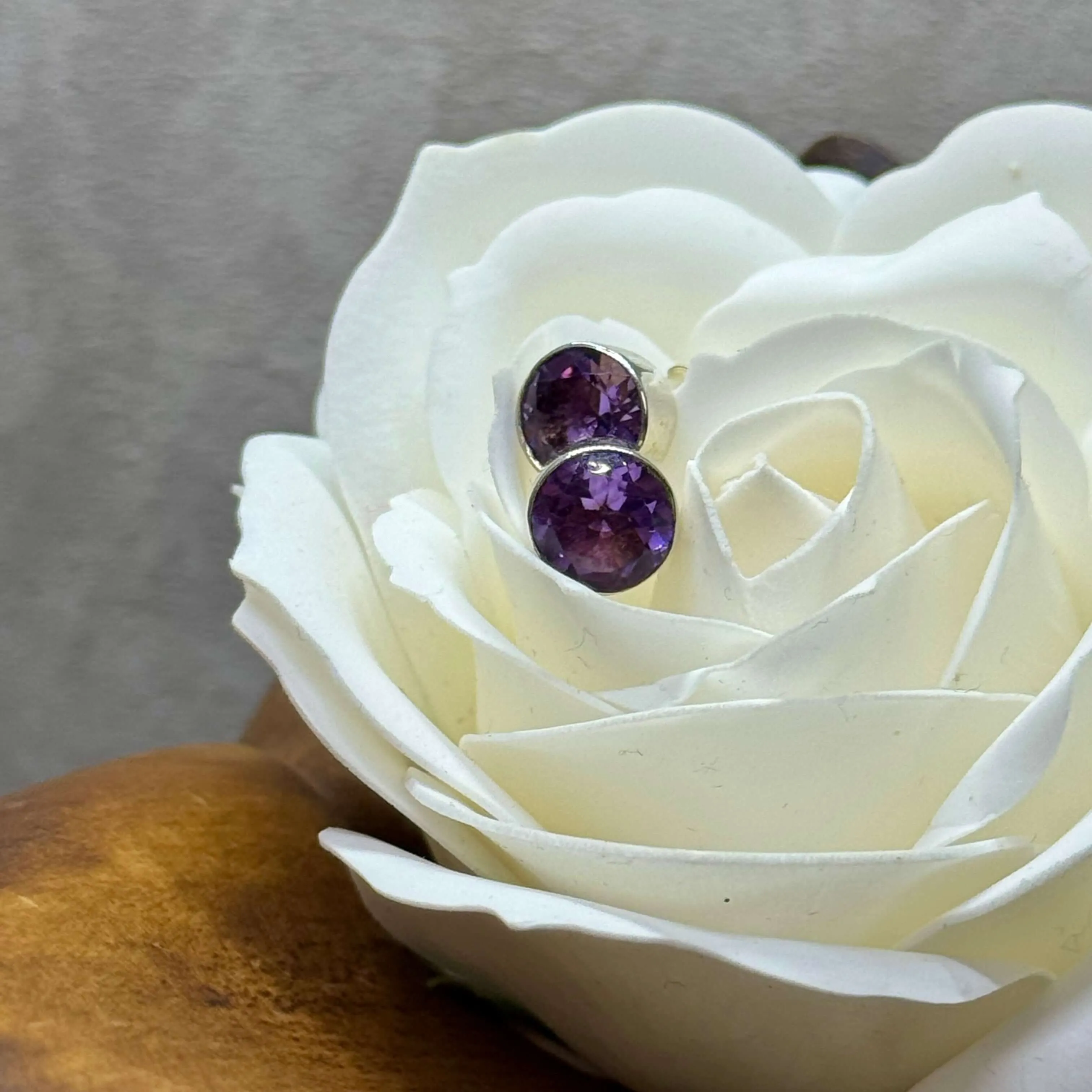 8mm Round Amethyst Handmade Sterling Silver Stud Earrings