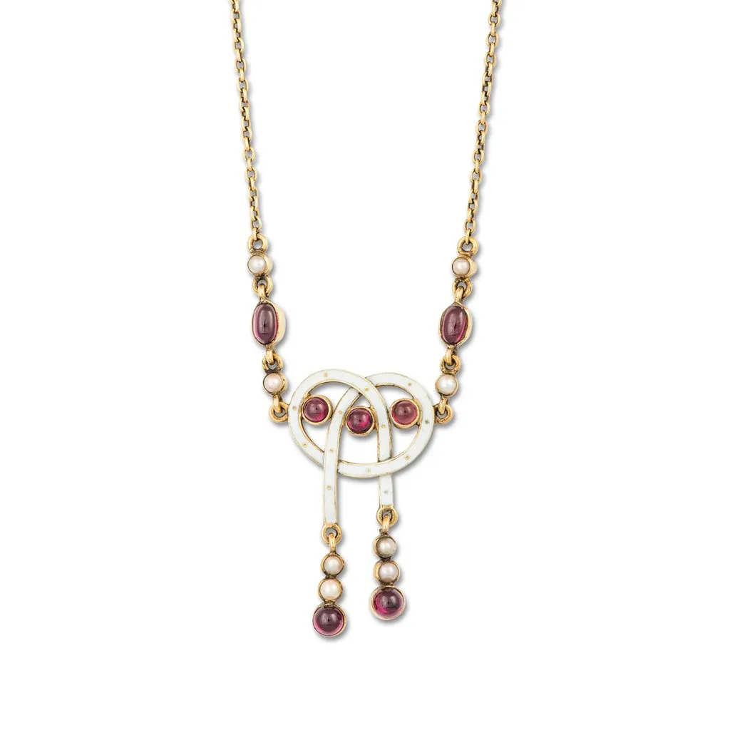 A Cabochon Garnet, Pearl and Enamel Necklace