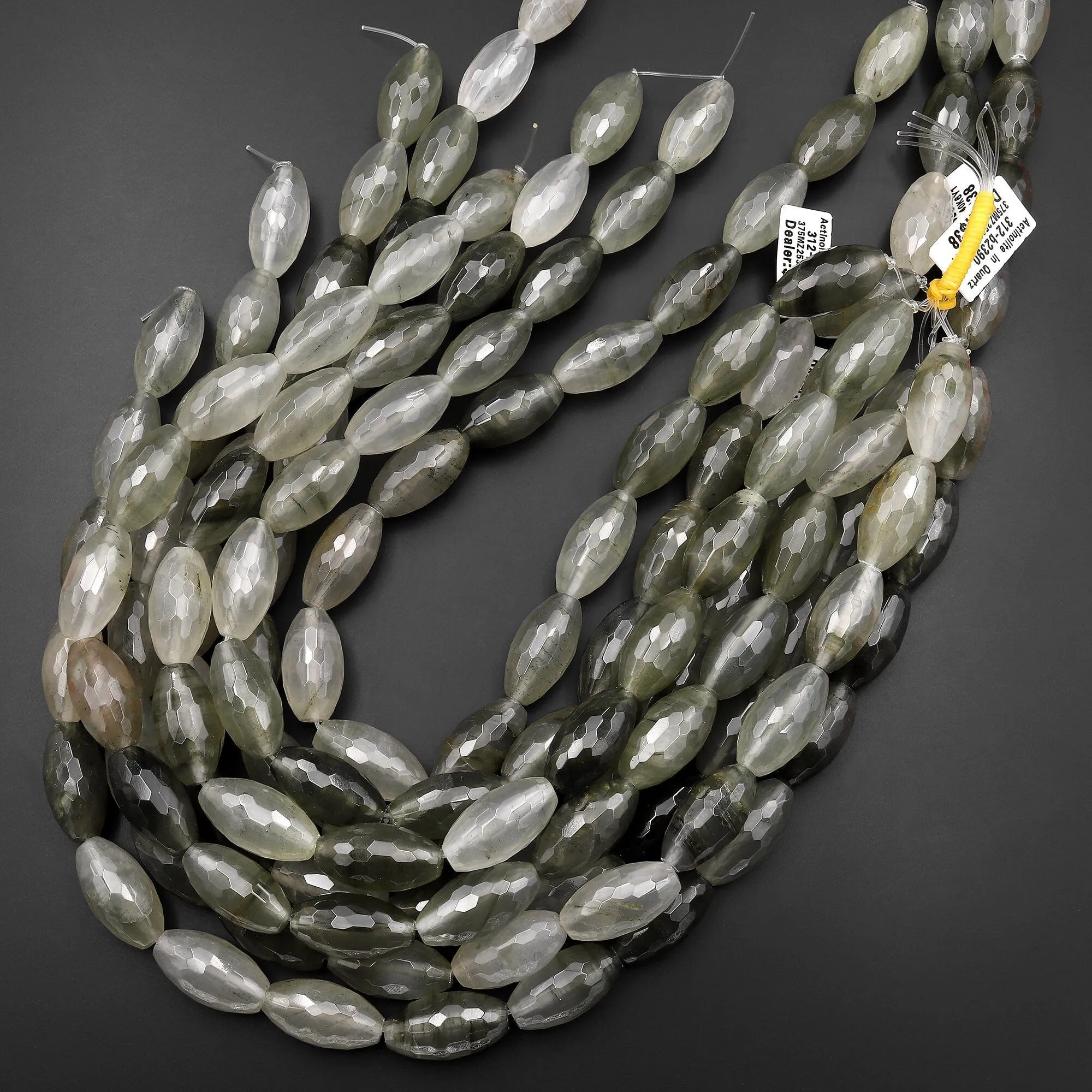 AAA Large Faceted Natural Green Actinolite In Quartz Beads Barrel Cylinder 15.5" Strand