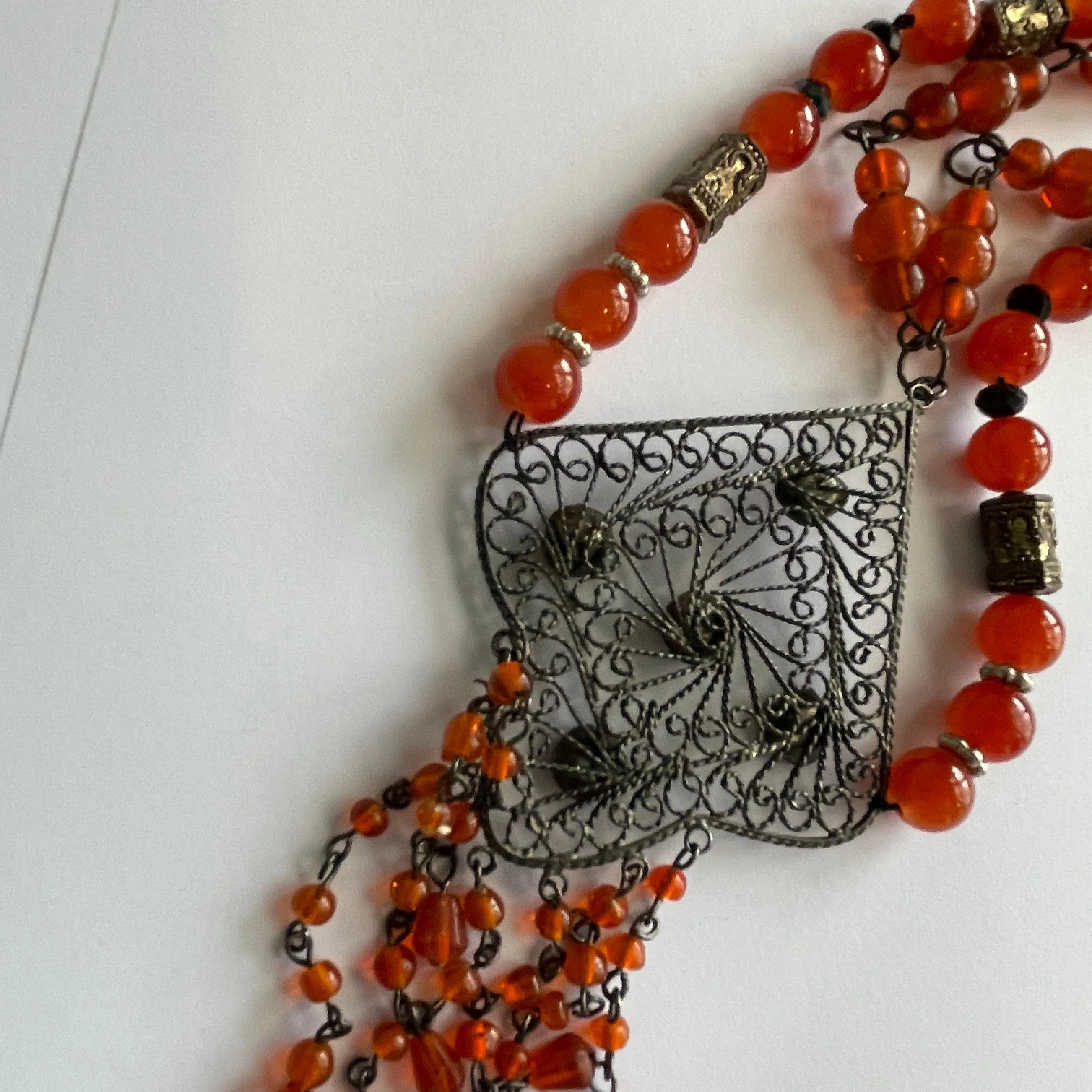 Amber Glass Bead Filigree Pendant Festoon Necklace