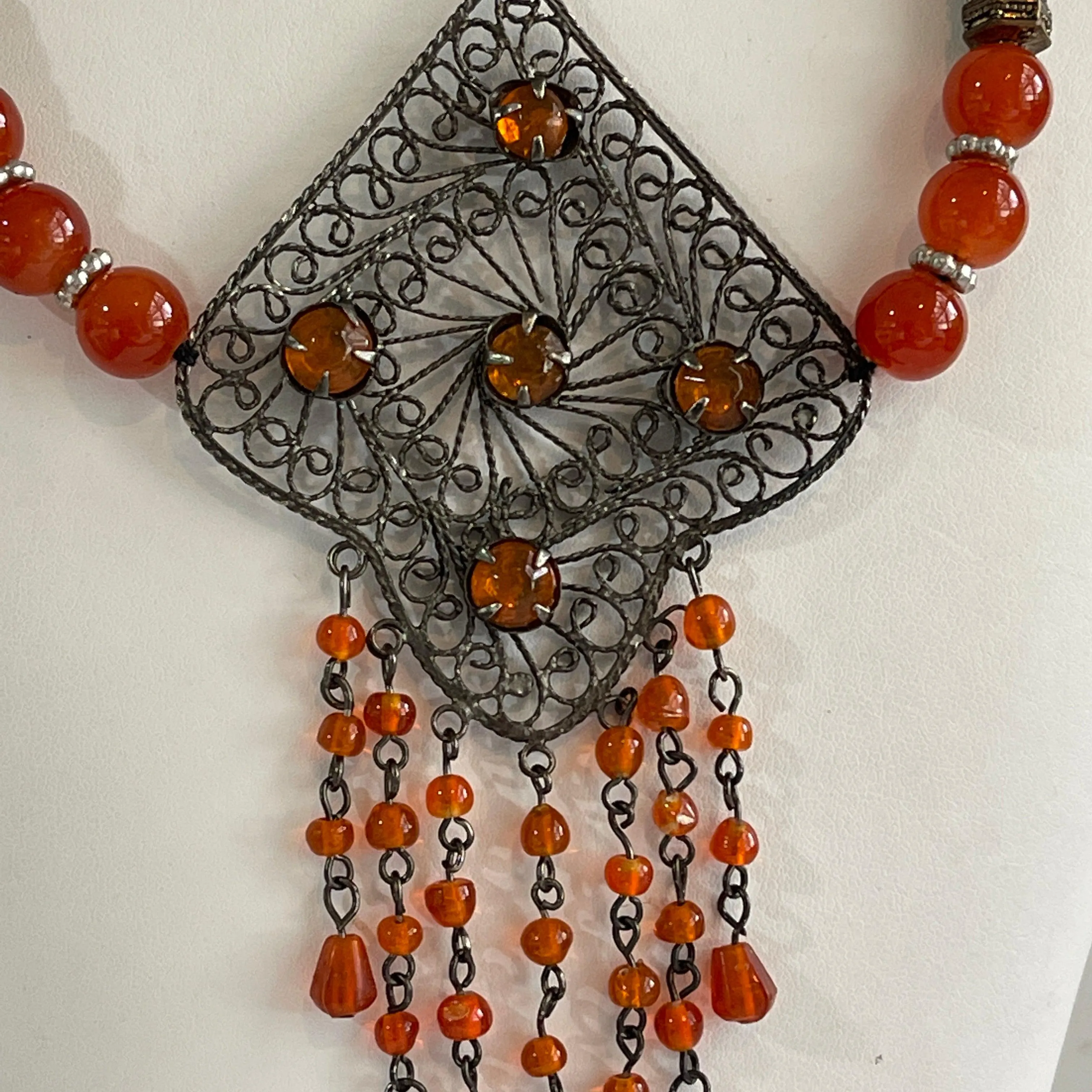 Amber Glass Bead Filigree Pendant Festoon Necklace