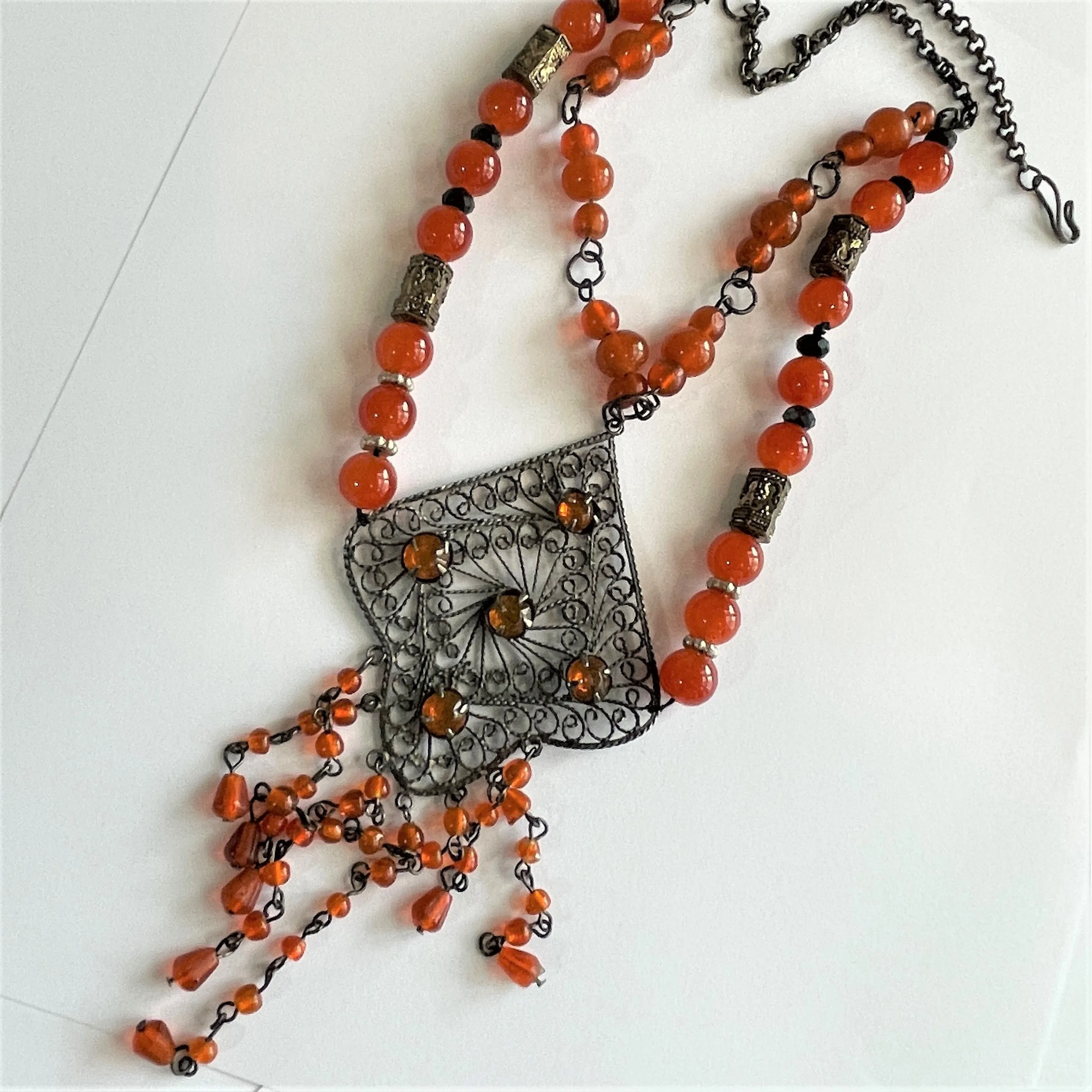 Amber Glass Bead Filigree Pendant Festoon Necklace