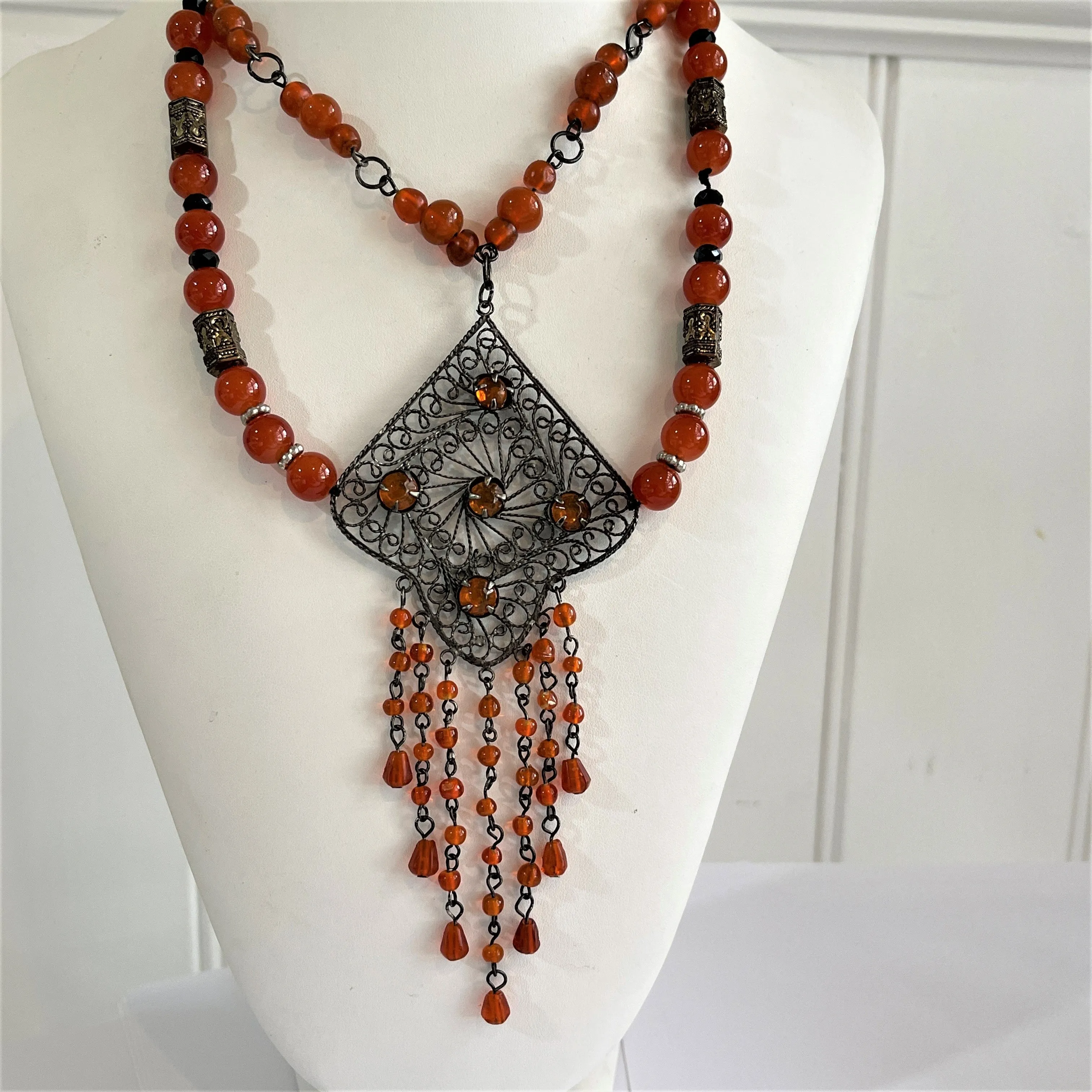 Amber Glass Bead Filigree Pendant Festoon Necklace