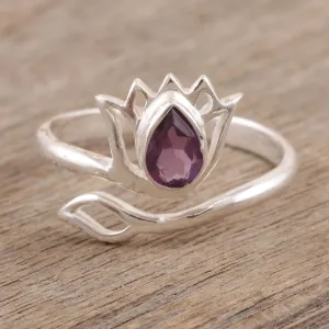 Amethyst and Sterling Silver Lotus Wrap Ring from India - Lilac Lotus | NOVICA