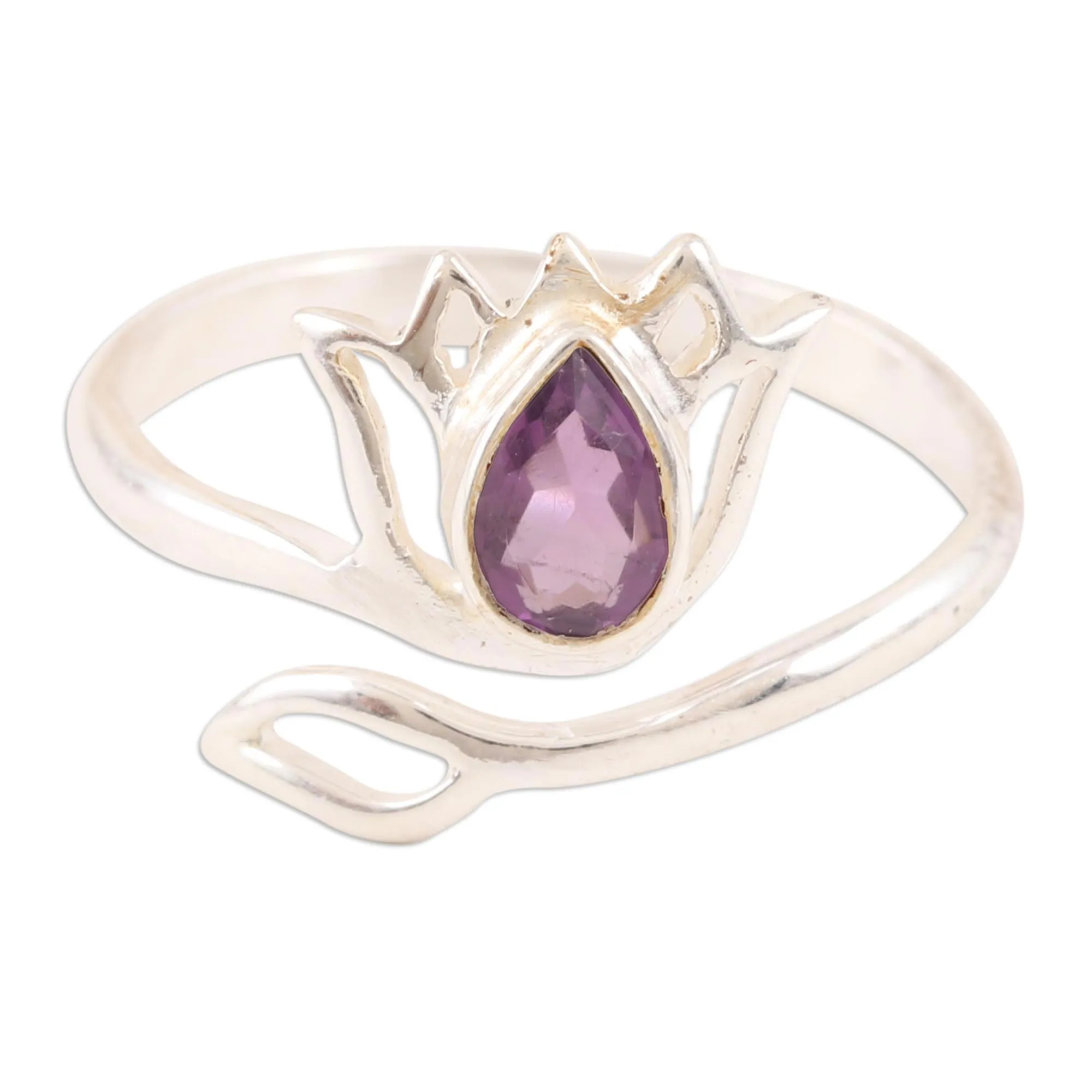 Amethyst and Sterling Silver Lotus Wrap Ring from India - Lilac Lotus | NOVICA