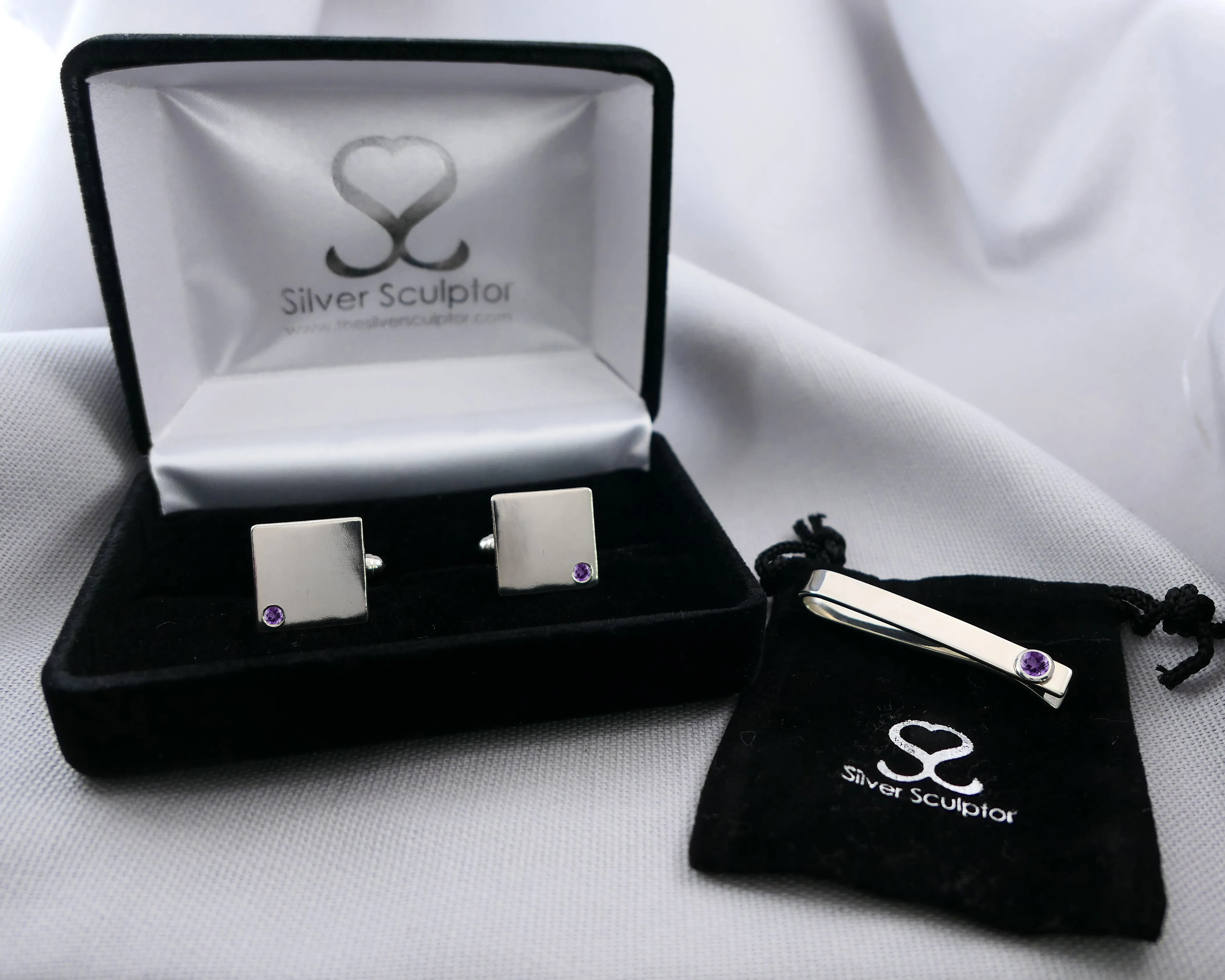 Amethyst Cuff Links and Tie Clip Set