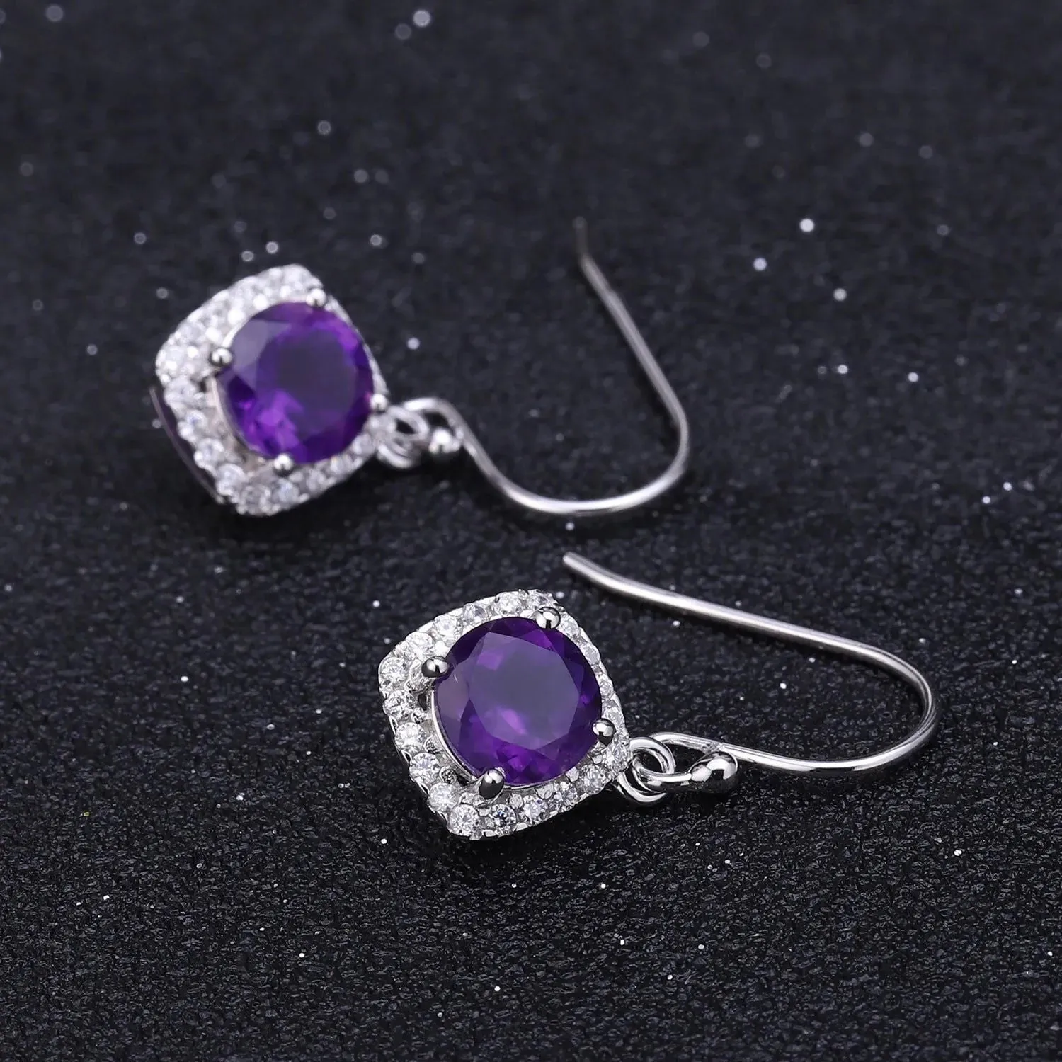 Amethyst Round Cut Drop Earrings in Sterling Silver