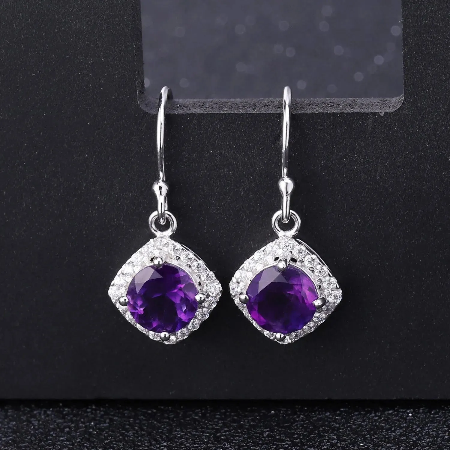 Amethyst Round Cut Drop Earrings in Sterling Silver