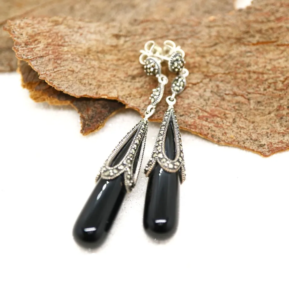 Art Deco Drop Design Earrings in Black Onyx, Marcasite and Sterling Silver