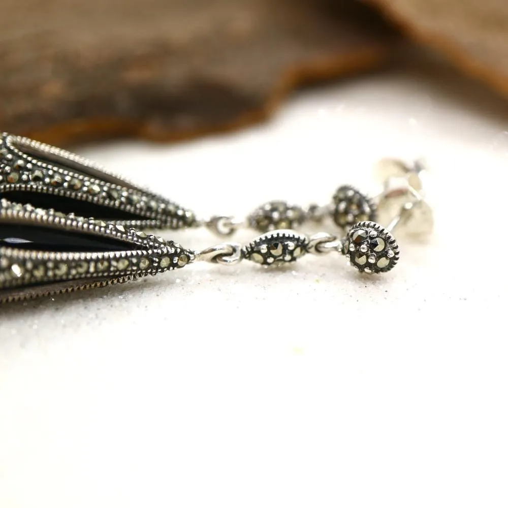 Art Deco Drop Design Earrings in Black Onyx, Marcasite and Sterling Silver
