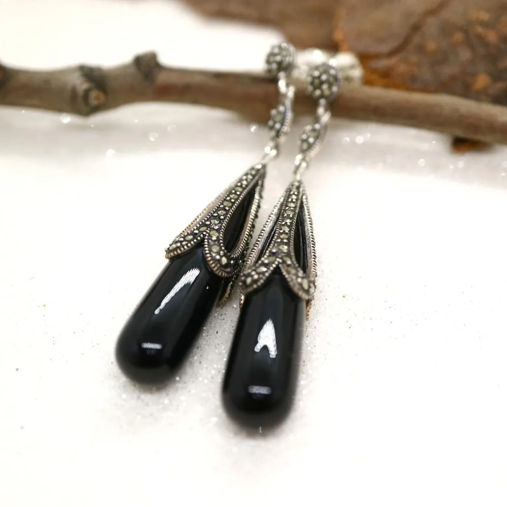 Art Deco Drop Design Earrings in Black Onyx, Marcasite and Sterling Silver