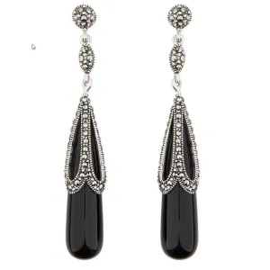 Art Deco Drop Design Earrings in Black Onyx, Marcasite and Sterling Silver