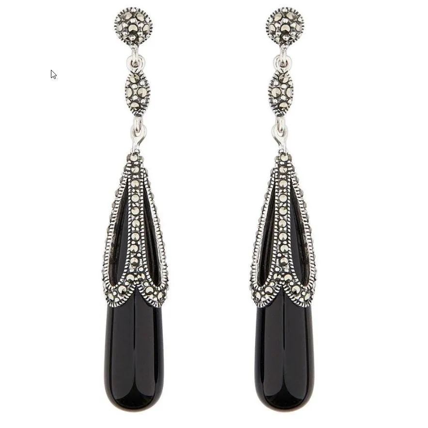 Art Deco Drop Design Earrings in Black Onyx, Marcasite and Sterling Silver