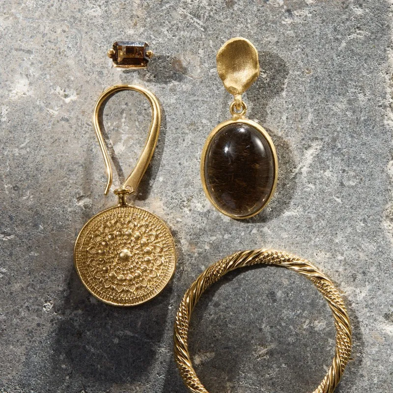 Baguette Mini Stud, Smokey Quartz, Gold