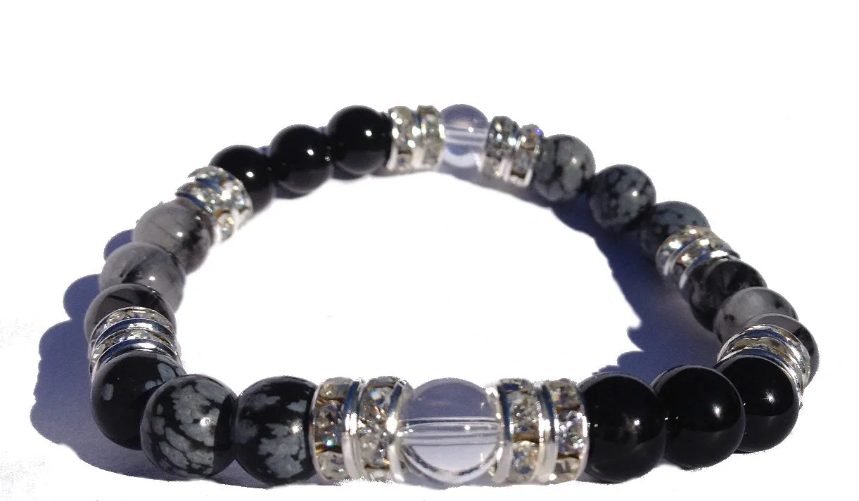 Balance: Natural Onyx, Snowflake Obsidian, and Tourmalinated Quartz Beaded Stretch Bracelet