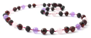 Baltic Amber, Amethyst and Rose Quartz Necklace Children Adult