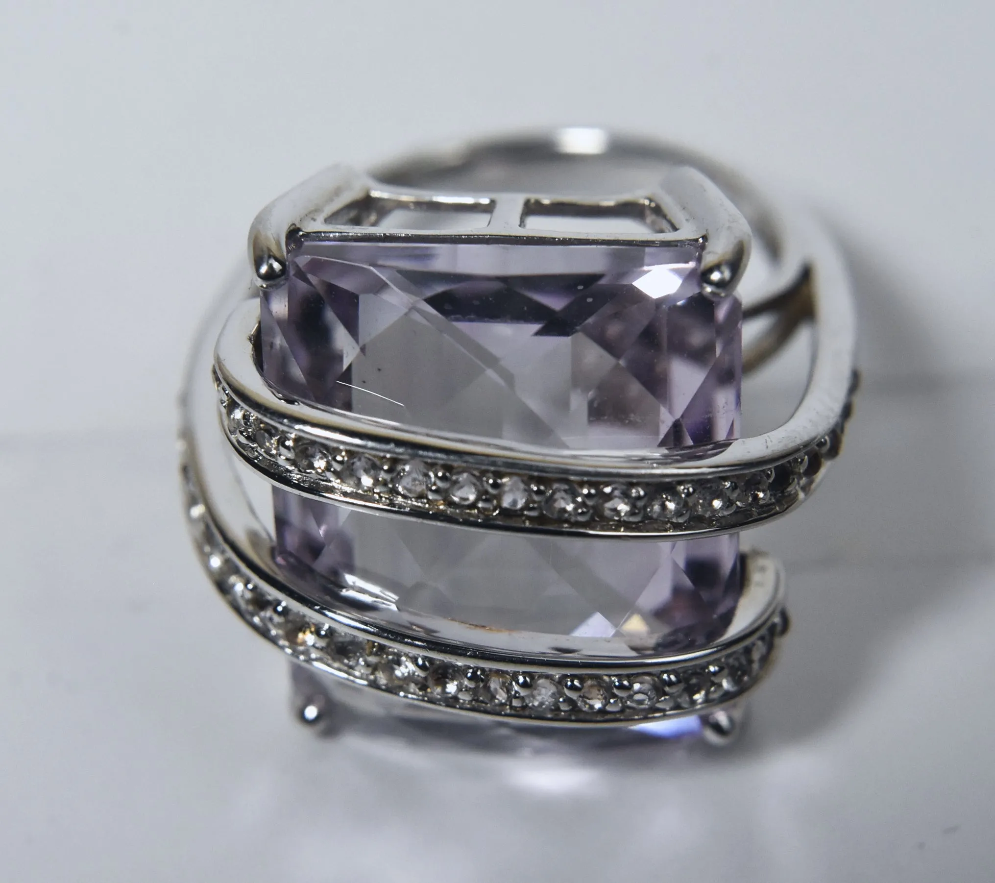 Beautiful Large Amethyst Sterling Silver and Cubic Zirconia Ring - Size 8