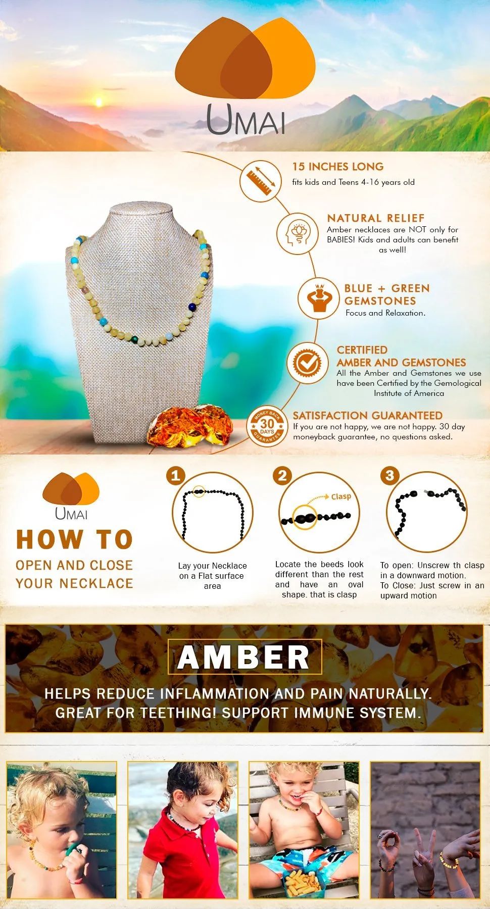 Boost Your Kid's Immune System with Amber   Blue Big Kids Necklace - Natural Relief for Sinus Issues, Headaches, and More!