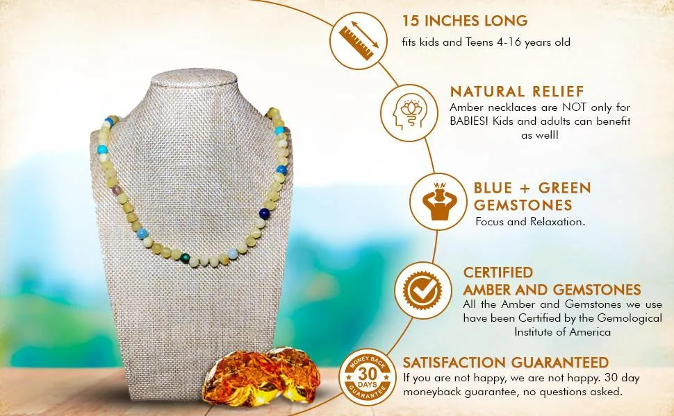 Boost Your Kid's Immune System with Amber   Blue Big Kids Necklace - Natural Relief for Sinus Issues, Headaches, and More!
