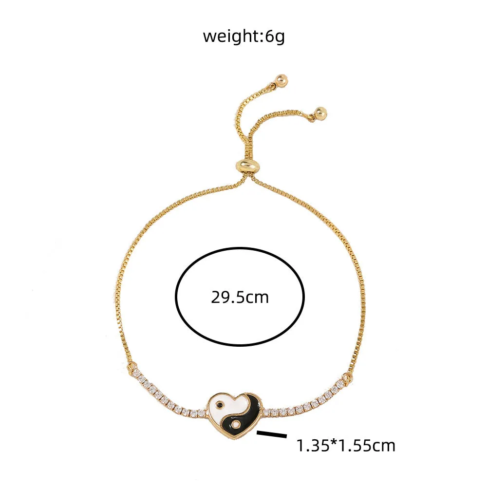 Brass Heart Gold Plated Oil Drip Zircon Adjustable Pull Bracelet