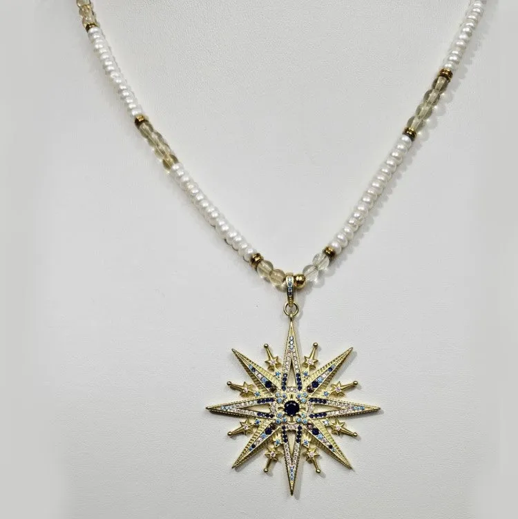 Citrine and Freshwater Pearl Rondelle Necklace with Gold-Plated Snowflake Pendant