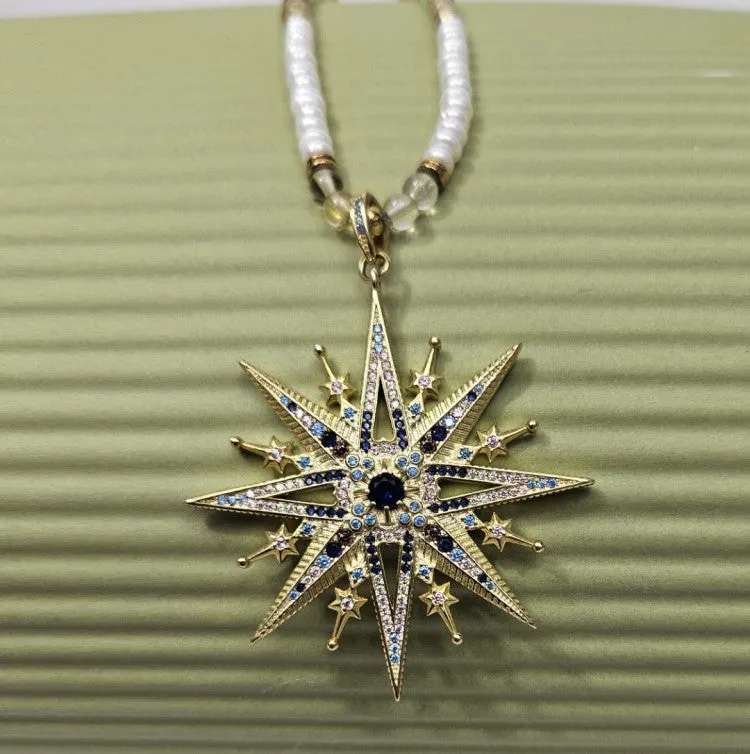 Citrine and Freshwater Pearl Rondelle Necklace with Gold-Plated Snowflake Pendant