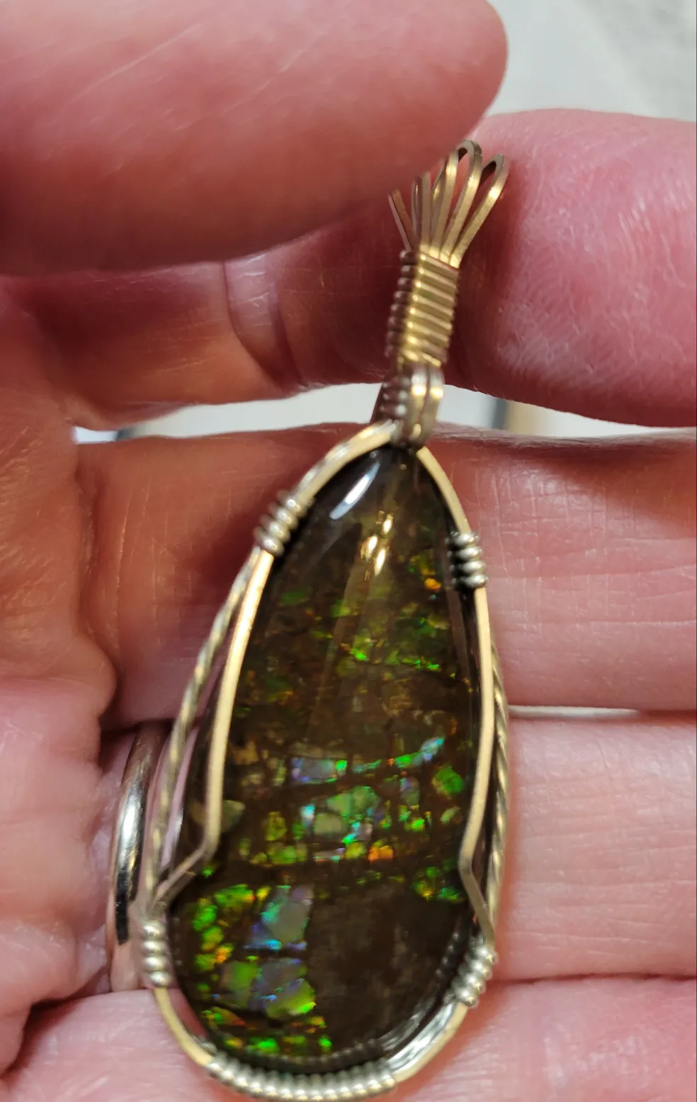 Custom Wire Wrapped Ammolite Necklace/Pendant Sterling Silver