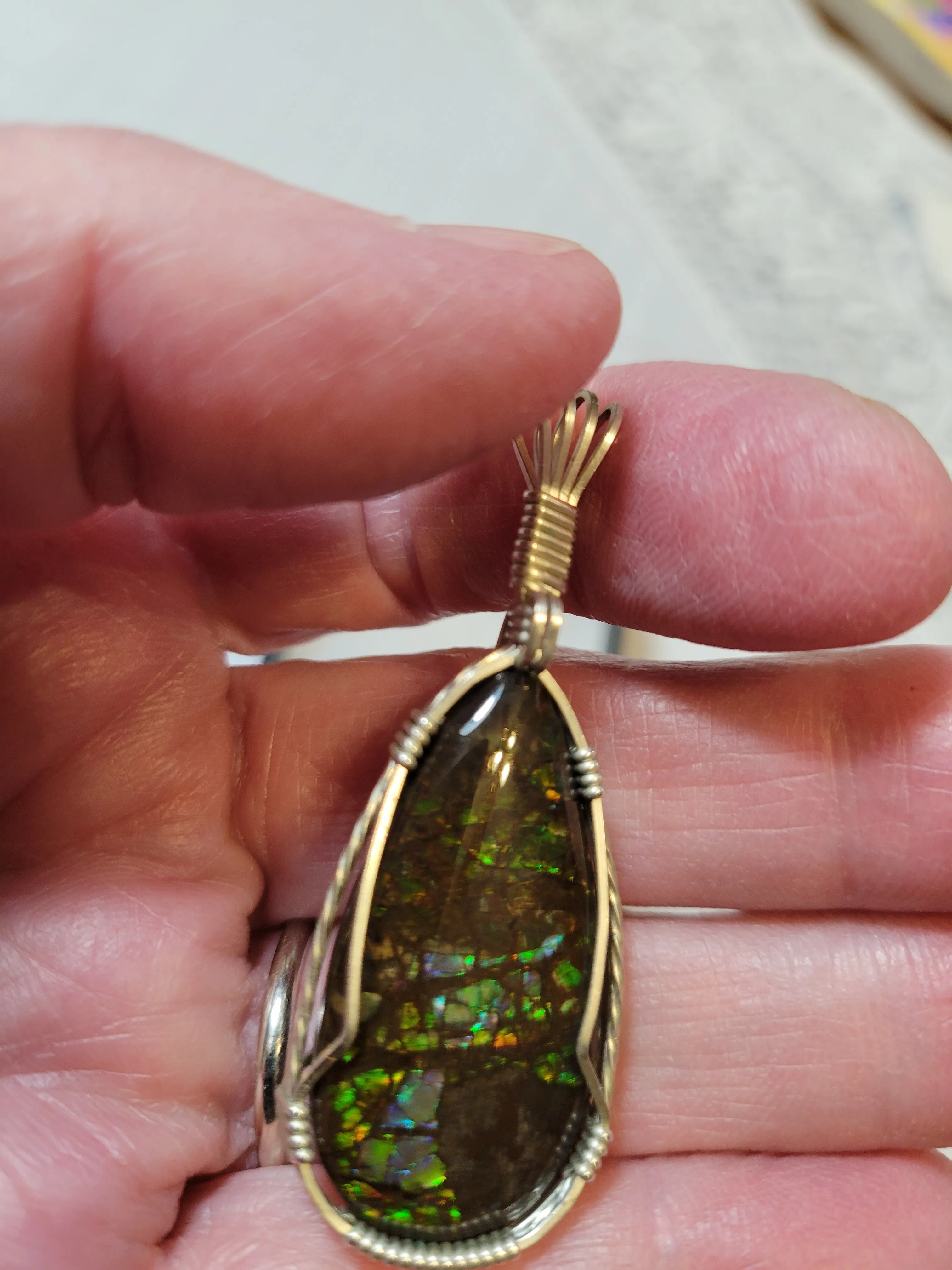 Custom Wire Wrapped Ammolite Necklace/Pendant Sterling Silver