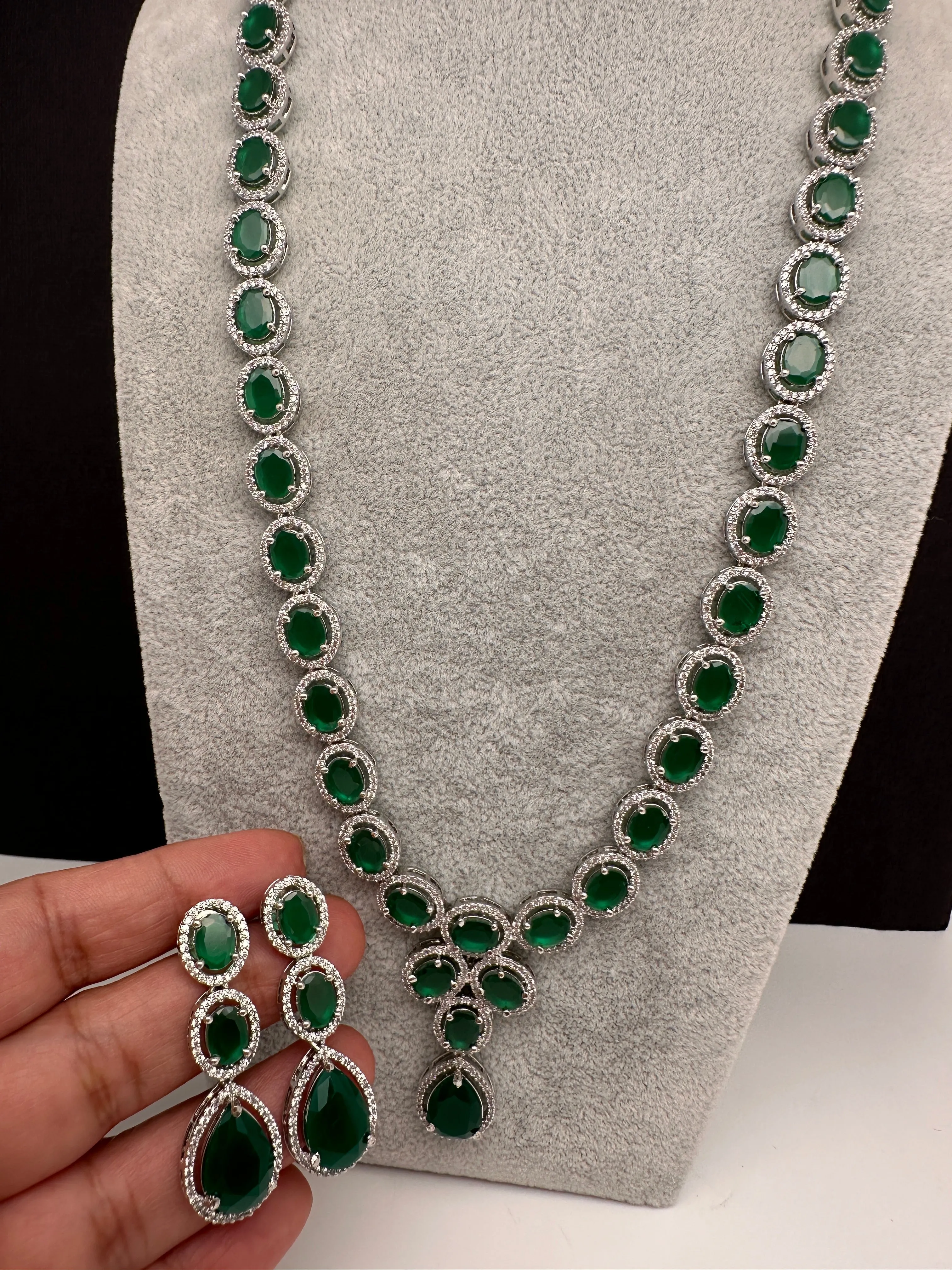 CZ Emerald Green Long Necklace in Silver Finish