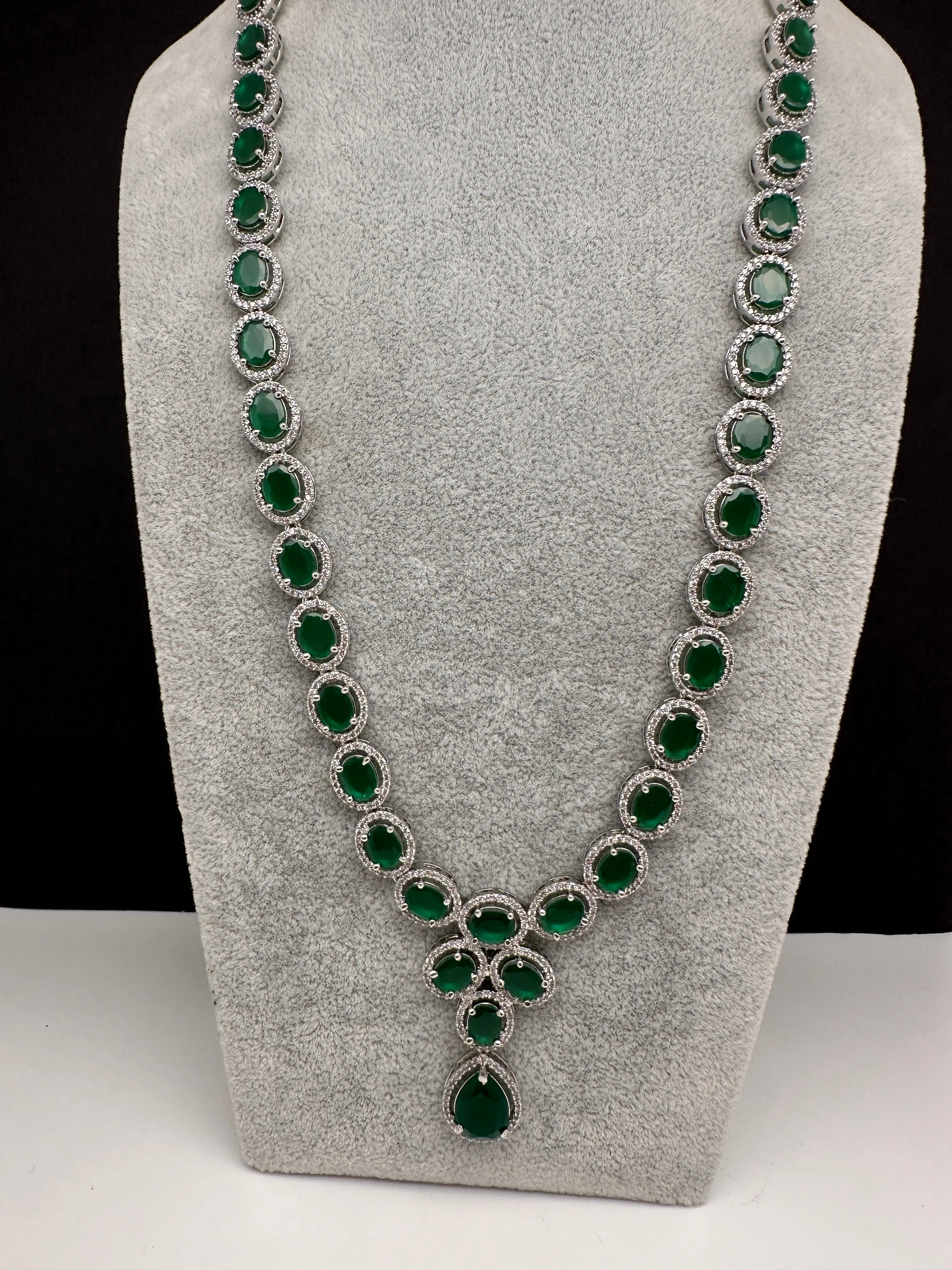 CZ Emerald Green Long Necklace in Silver Finish