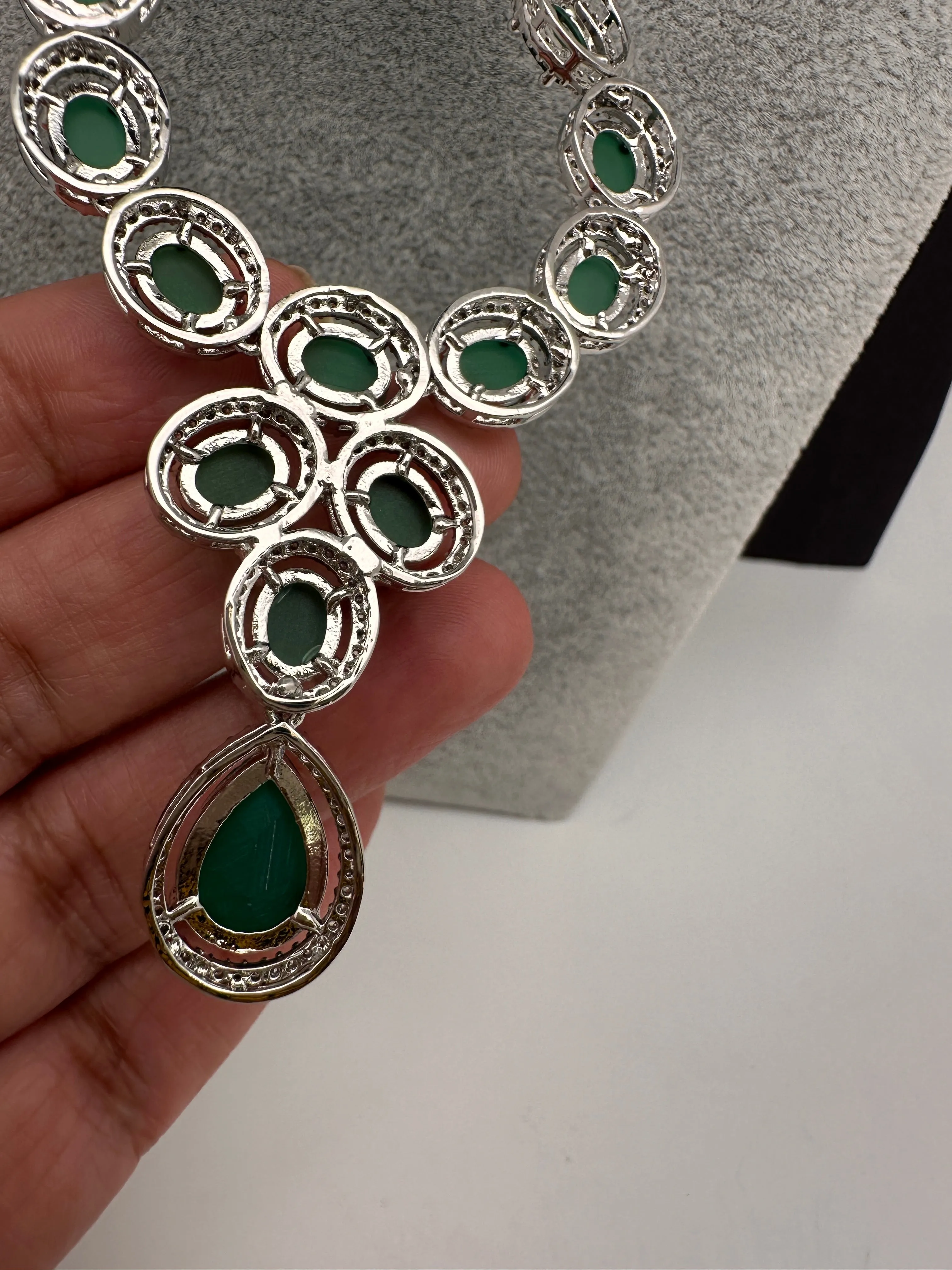 CZ Emerald Green Long Necklace in Silver Finish