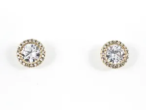Elegant Layered Round Shape CZ Gold Tone Silver Stud Earrings