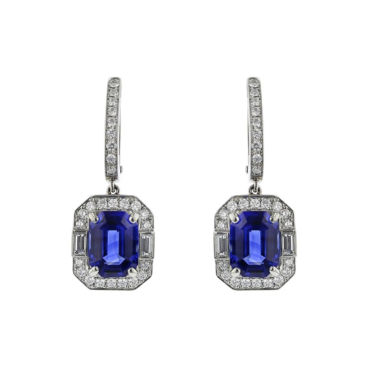 Emerald-cut Sapphire and Diamond Halo Drop Earrings