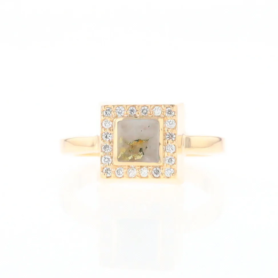 Gold Quartz Ring Square Inlaid Halo .14ctw Diamonds Design